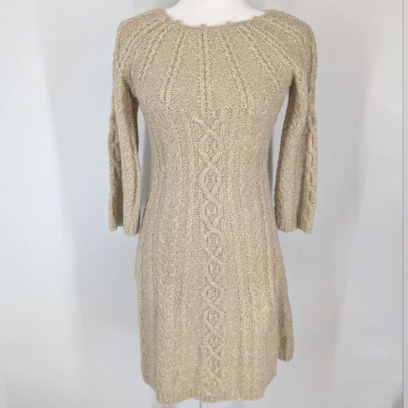Anthropologie Kenji Cream Tan Alpaca Wool Long Sleeve Sweater Dress Small - Picture 1 of 5